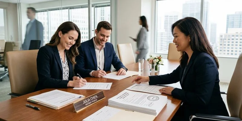 Borrowers signing mortgage documents at closing table with loan signing agent