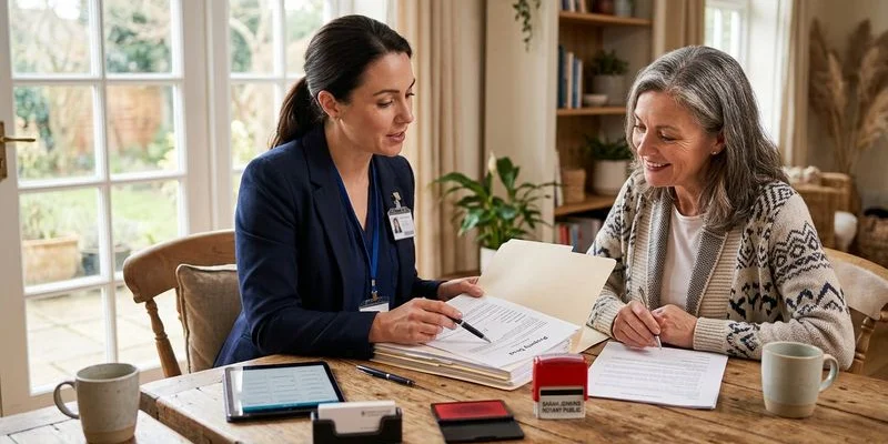 Happy client signing documents at home with mobile notary