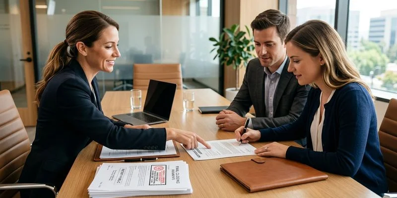 Elderly parent signing legal documents with family support present
