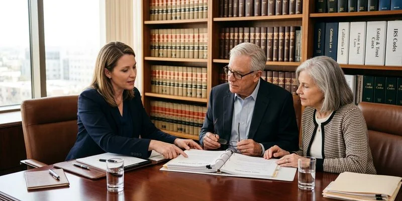 Family reviewing estate planning trust documents together at home