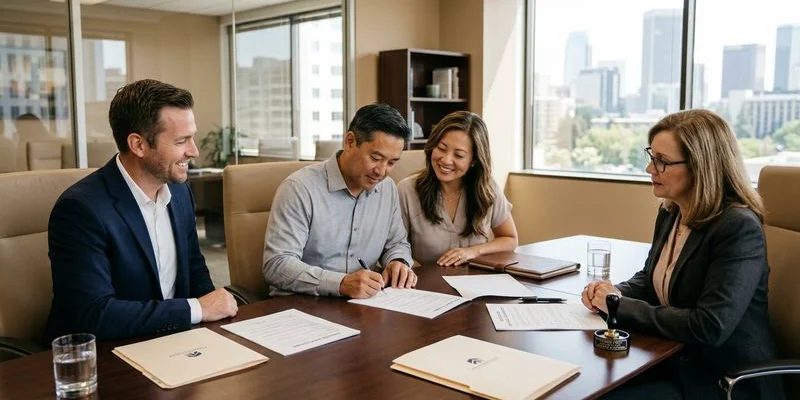 Happy homeowners holding keys after successful closing with loan signing agent