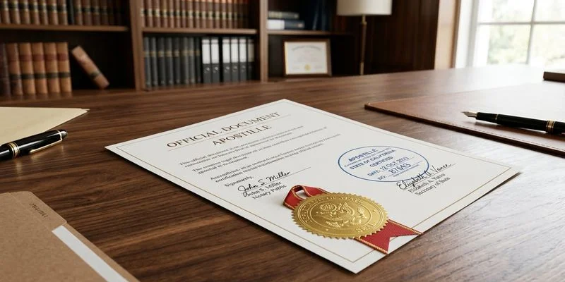Official diploma and academic transcript spread on desk with apostille certificate ready for NC Secretary of State authentication