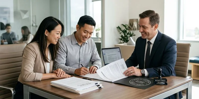 Loan signing agent reviewing mortgage document package before closing appointment