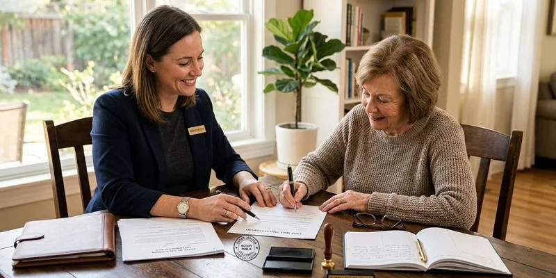 Mobile notary meeting a client at their home office for document signing