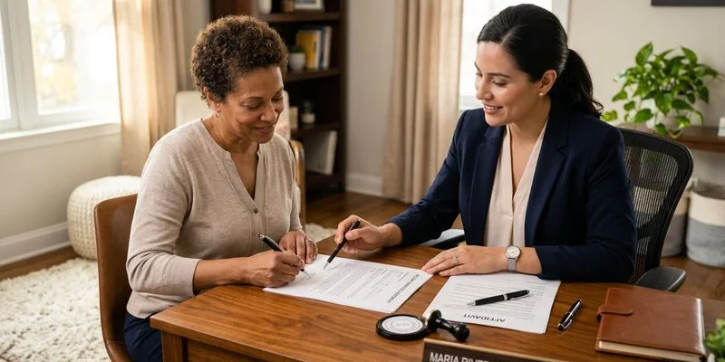 Mobile notary providing service to elderly client in comfortable home setting