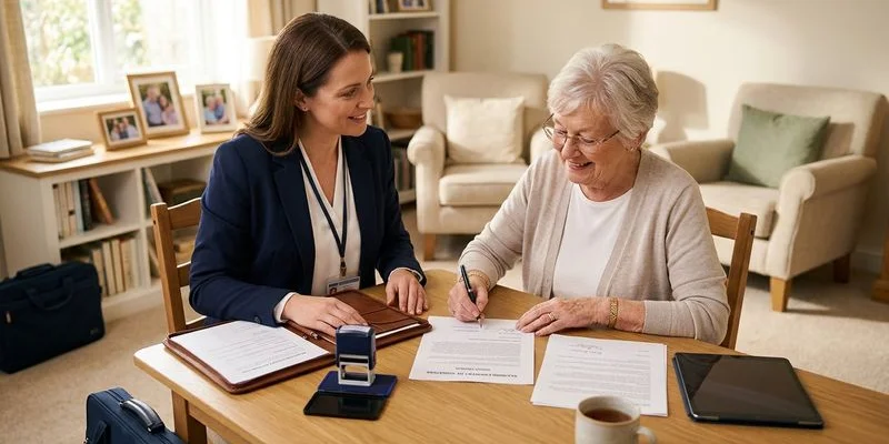Notary meeting with elderly client at home for document signing