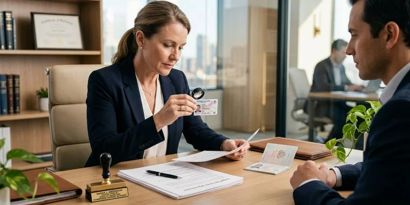 Mobile notary verifying client identification before notarizing documents