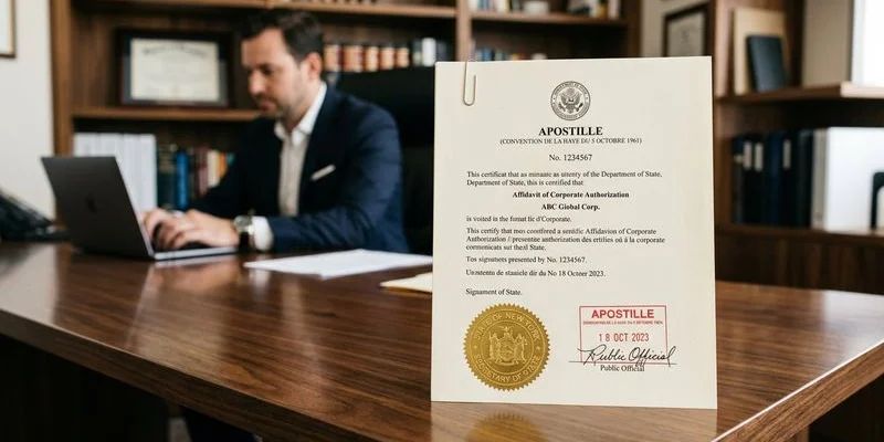 Person organizing documents for apostille submission at desk