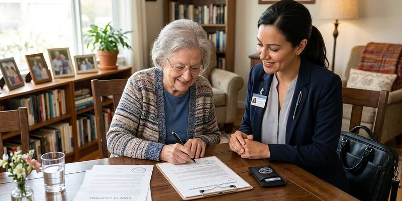 Family preparing documents for elderly parent notarization at care facility