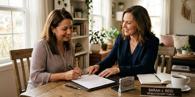 Professional mobile notary with notary supplies arriving at client location