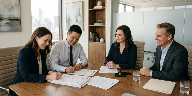 Real estate closing documents being notarized at kitchen table