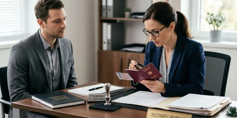 Person completing remote online notarization via video conference on laptop