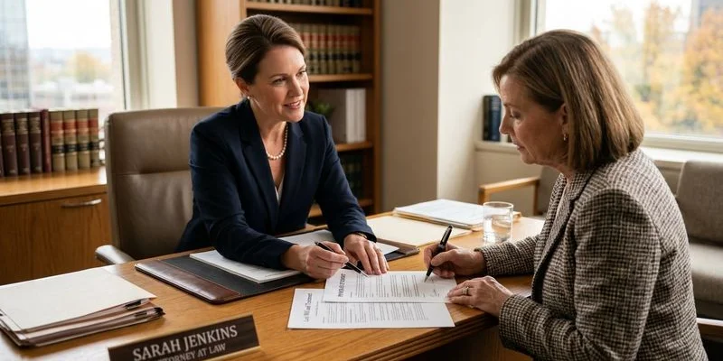 Person signing a durable power of attorney document with notary present