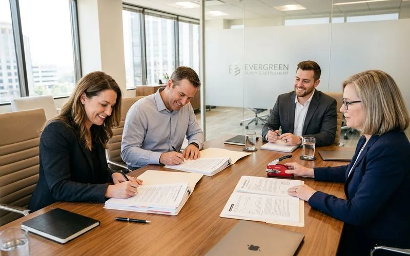 Close-up of notary signing agent applying official seal to deed of trust document at real estate closing