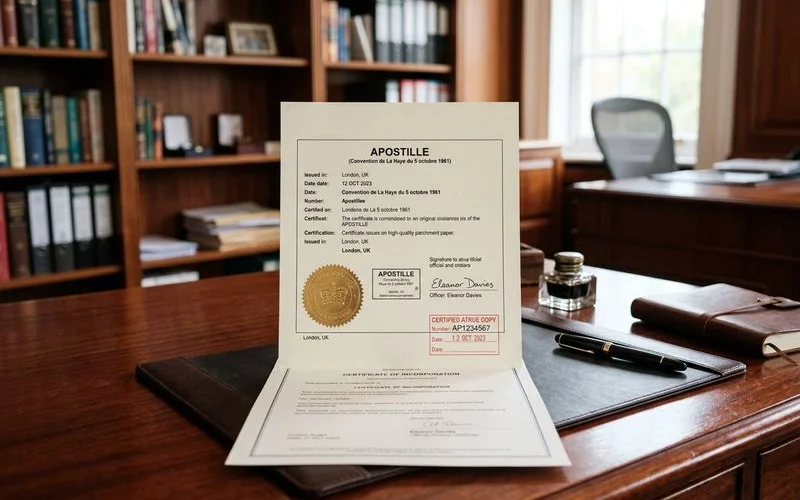 Completed apostille documents being prepared for secure courier delivery with tracking label and protective envelope
