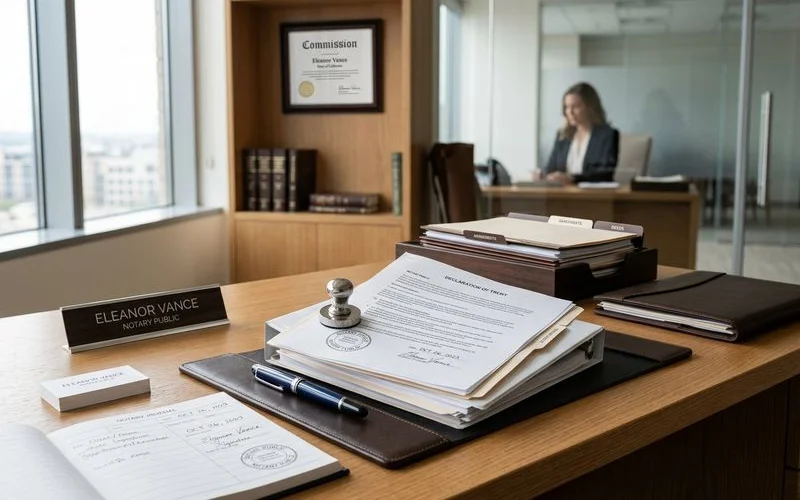 HR professional and I-9 verification agent reviewing employee identity documents at reception desk in modern office