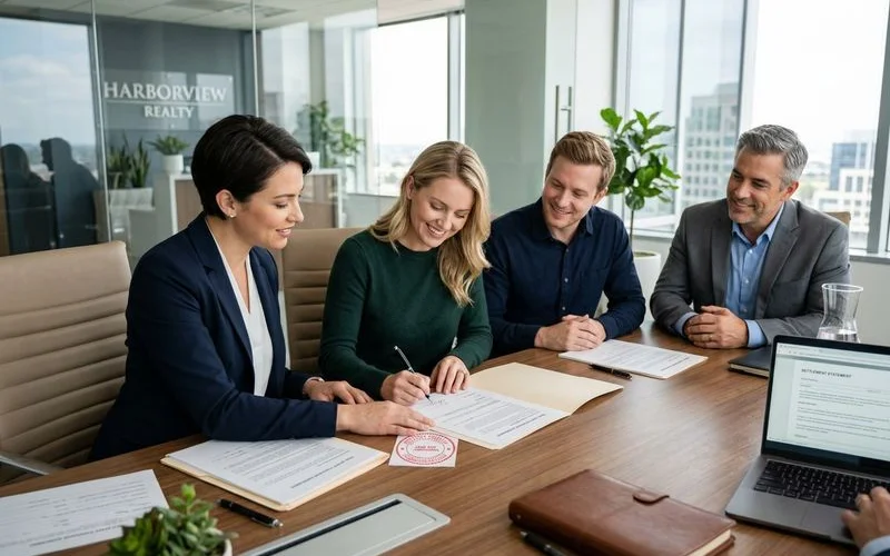 Loan signing agent guiding first-time homebuyers through mortgage closing documents at conference table