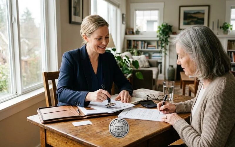 Mobile notary professional reviewing documents with client at kitchen table in modern home