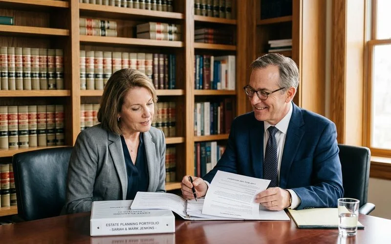 Notary carefully reviewing estate planning documents with elderly client and family member at dining room table