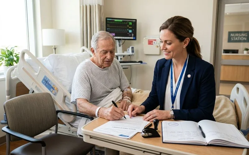 Notary gently assisting patient with signing healthcare directive documents at hospital bedside with family member present