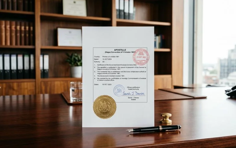 Stack of official documents with apostille certificates and NC Secretary of State authentication stamps ready for international use