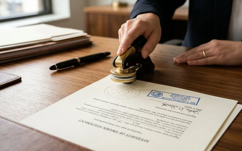 Notary seal being applied to official document on professional desk with North Carolina notary commission visible