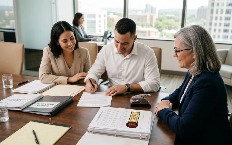 Professional handshake between loan signing agent and title company representative after successful closing completion