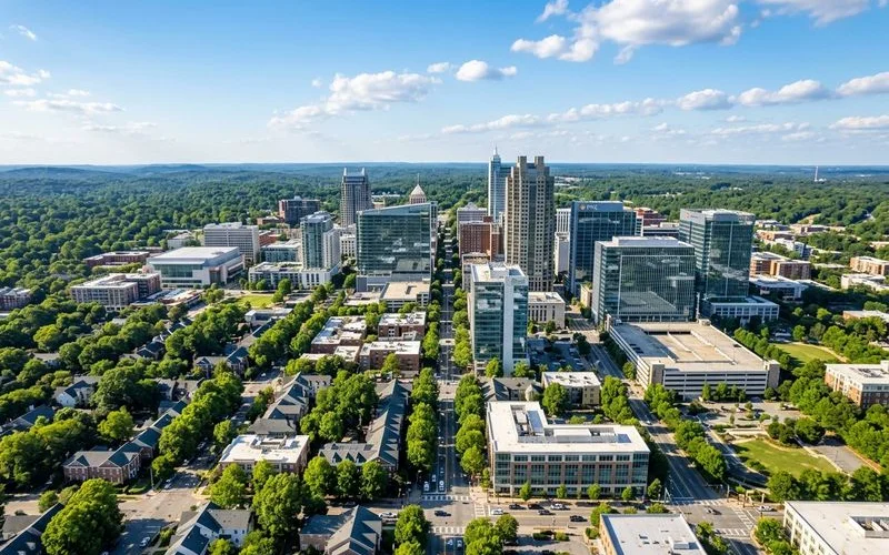 Professional notary arriving at modern office building in Charlotte NC with briefcase and documents ready for appointment