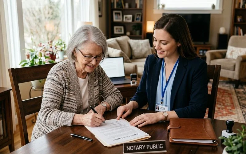 Professional notary arriving at nursing home entrance with document portfolio ready for scheduled appointment
