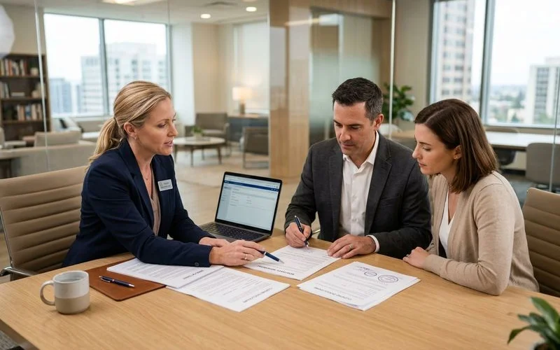 Professional notary meeting with estate planning attorney in law office to coordinate document signing procedures