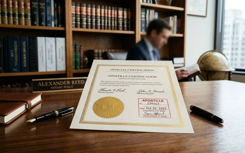 Professional reviewing apostille requirements with client at desk with Hague Convention reference materials and world map